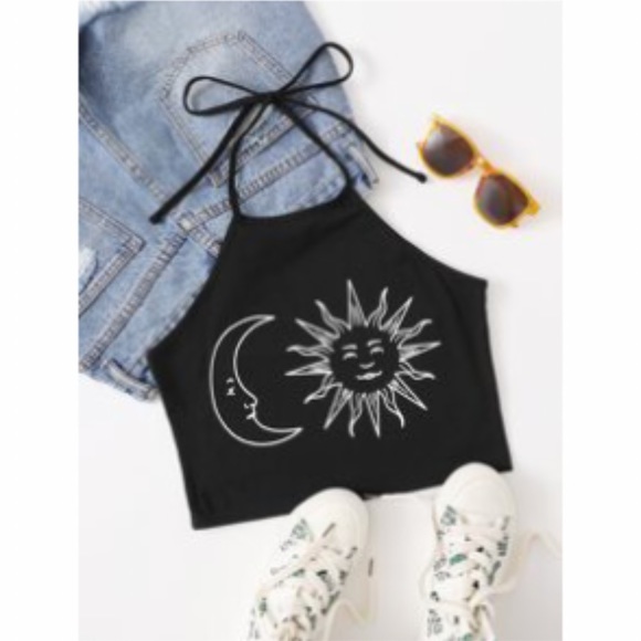SHEIN Tops - Moon and Sun Cropped Self-Tie Halter Top NWOT